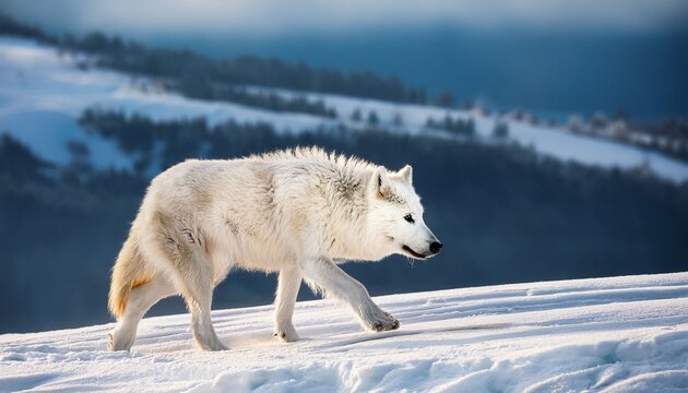 backgrounof a majestic arctic wolf with a thick white coat walking gracefully in a snowy landscape