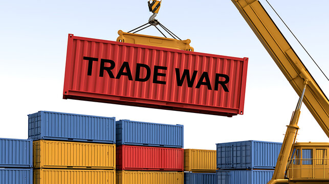 Industrial crane lifts a red shipping container labeled "TRADE WAR" above stacks of blue, yellow, and red cargo containers at a port