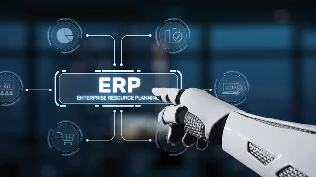A futuristic robot hand interacts with a digital interface showcasing symbols of enterprise resource planning, emphasizing technology and automation in business systems. Synapse