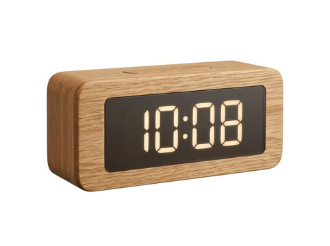 A modern digital alarm clock with a wooden frame and sleek black display showing 10:08.