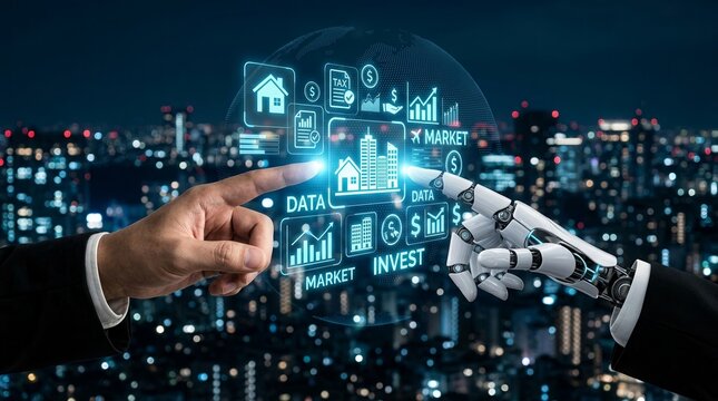 Real estate technology with human and robot collaboration, showcasing futuristic digital media elements and a cityscape background.