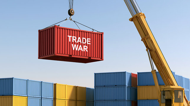 Crane lift red container box with text "TRADE WAR" above colorful stacked shipping containers at cargo port, symbolize global economic tension