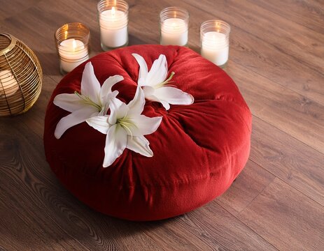 red pouf with lilies and candles arranged on wooden floor