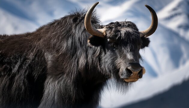 backgrounof a majestic black yak stands proudly showcasing its thick fur and curved horns