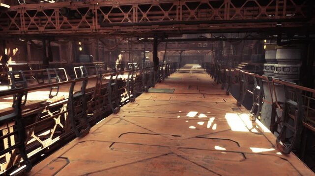 rusted foundry catwalk bathed in amber light, grated floor, heavy beams, riveted panels, scattered dust, distant machinery hum, warm corrosion tones, high