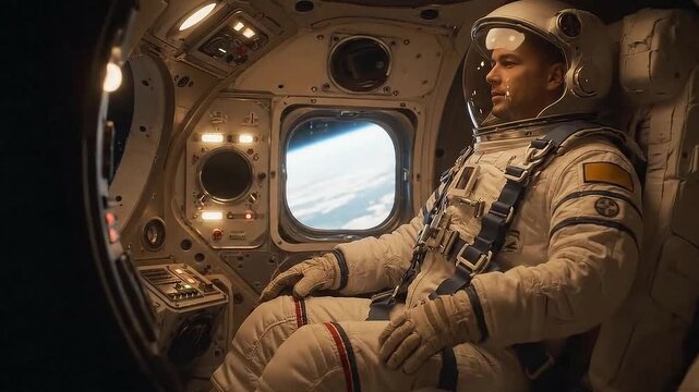Astronaut contemplating planet Earth from a spaceship window