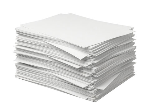 A large stack of white blank A4 paper sheets against a plain background, ideal for presentations.