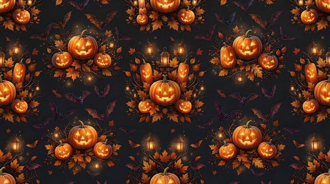 A Spooky Seamless Pattern Featuring Glowing Jack-O-Lanterns Surrounded By Autumn Fall Leaves And Flying Bats Against A Dark Background Perfect For Festive Halloween Decorative Projects