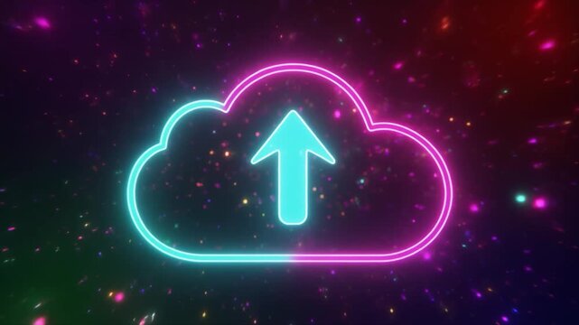 Neon cloud upload icon glowing against a backdrop of colorful bokeh lights and particles image photo