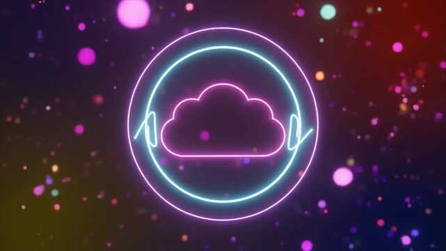 Neon Cloud Icon with Glowing Circles and Colorful Bokeh Lights on Dark Background image photo