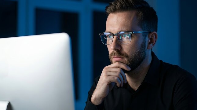 Male trader wearing eyeglasses while working in his office at night