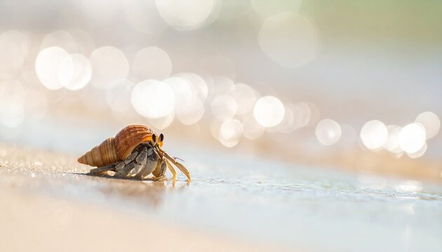 Hermit crab walking on sandy beach near ocean water with soft bokeh background