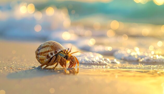 Hermit crab walking on sandy beach near ocean waves during summer sunset