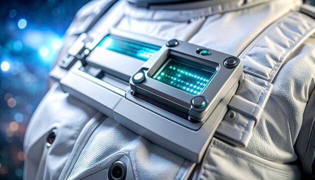 Astronaut spacesuit chest control panel with glowing digital display technology