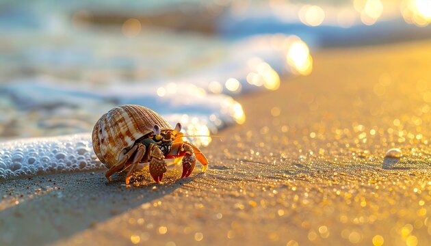 Hermit crab walking on sandy beach shoreline with gentle ocean waves during sunset