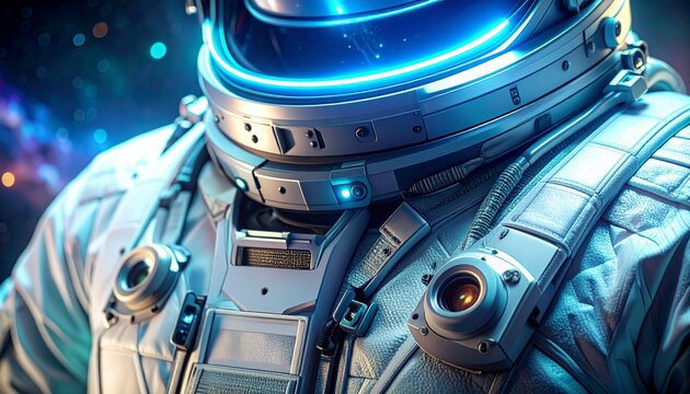 Astronaut wearing futuristic spacesuit helmet exploring outer space exploration concept