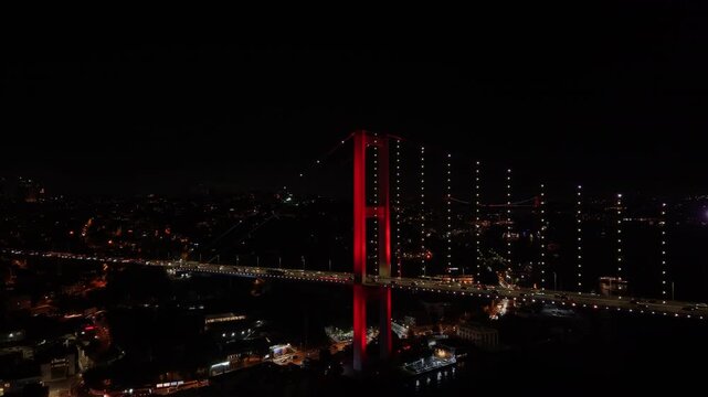 Istanbul Bosphorus at Night with Red Lights of 15 July Martyrs Bridge | Cinematic Drone