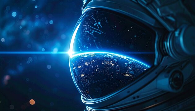 Astronaut helmet reflecting earth and glowing starlight in deep outer space