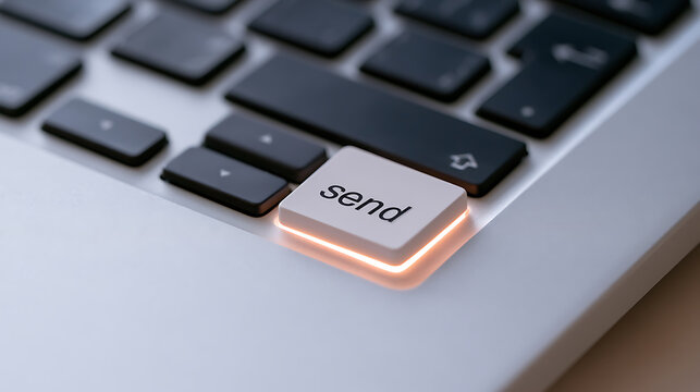 Close up view of a luminous send button on a laptop keyboard, highlighting digital communication and technology interaction on a modern device
