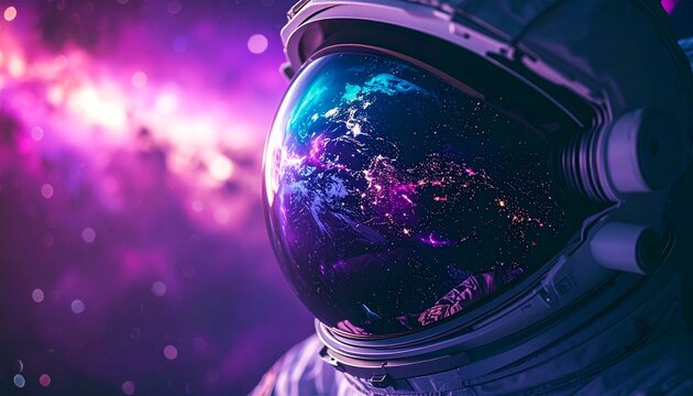 Astronaut helmet reflecting vibrant purple galaxy and stars in deep outer space