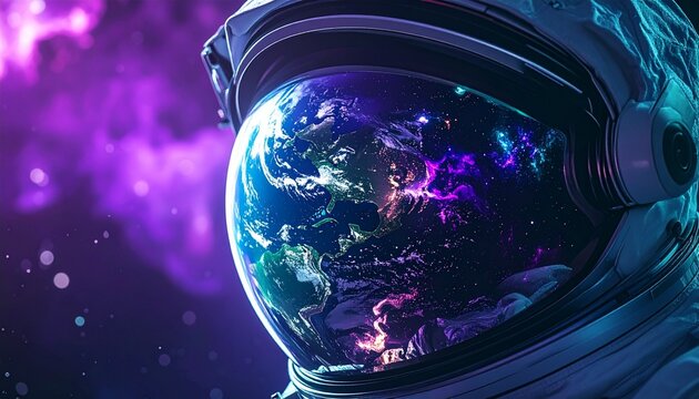Astronaut helmet reflecting planet earth and glowing purple nebula in deep outer space