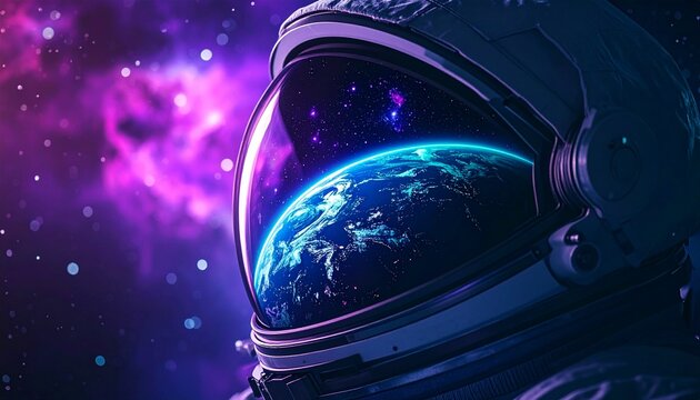Astronaut helmet reflecting planet earth and glowing purple nebula in deep space