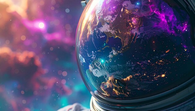 Astronaut helmet reflecting vibrant galaxy nebula and planet earth in outer space