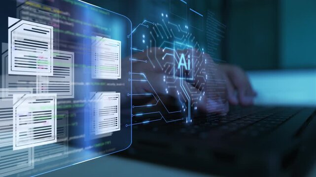 AI technology for electronic document management system concept. User typing on laptop with artificial intelligence brain, futuristic digital file automation, big data analysis and cloud coding.