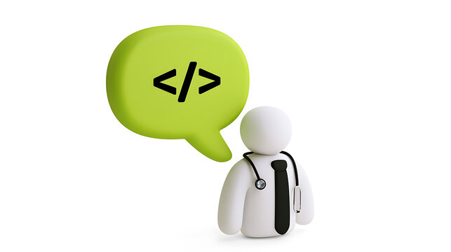 Three-dimensional figure of a medical professional with a stethoscope and tie, next to a green speech bubble containing code symbols