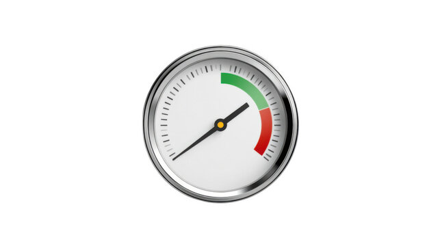 Industrial pressure gauge with needle pointing toward green safe zone isolated on white background