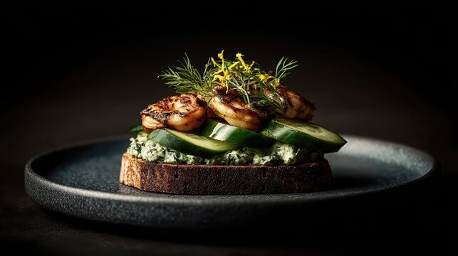 Ultra realistic seafood appetizer with grilled shrimp, creamy herb spread, and fresh cucumbers on toasted bread. Gourmet snack shines under cinematic lighting, highlighting glossy textures.
