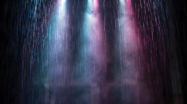 Vertical streaks of falling rain illuminated by blue and purple spotlights against a dark, moody background, atmospheric weather effect
