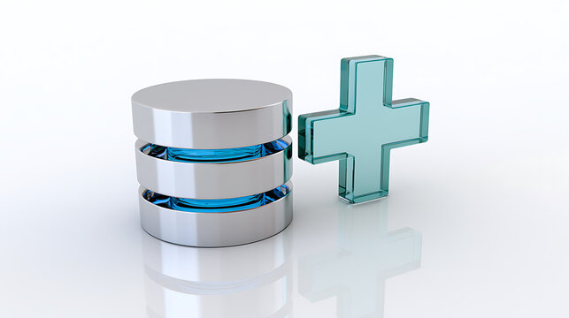 Shiny metallic database cylinders with glowing blue accents beside a translucent glass plus symbol, signifying data growth and addition