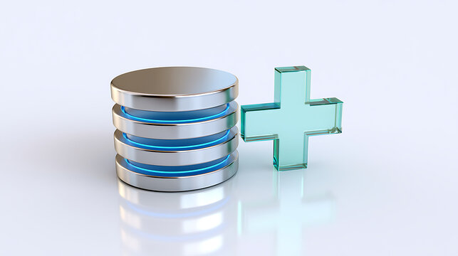 Abstract illustration of a silver database icon with glowing blue rings alongside a translucent green plus symbol, on a white surface