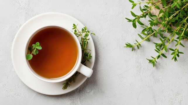 Top view of a white cup filled with herbal tea and fresh thyme on a marble surface. Gentle steam and a calm, minimal wellness vibe create a soothing, photorealistic scene.