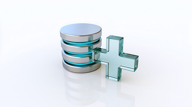 Abstract three dimensional render of a silver database icon with bright blue highlights, paired with a transparent glass plus sign symbol