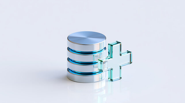 Shiny metallic database cylinder with glowing blue accents beside a translucent glass plus sign on a bright, clean background