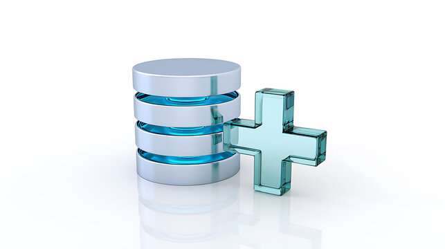 Abstract three dimensional render of a silver database stack with glowing blue sections and a translucent teal plus sign on a white background