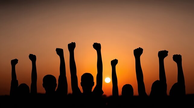 Silhouetted protesters raise fists in unity against a golden sunset. Dramatic documentary-style image captures the power and emotion of a crowd demanding justice.