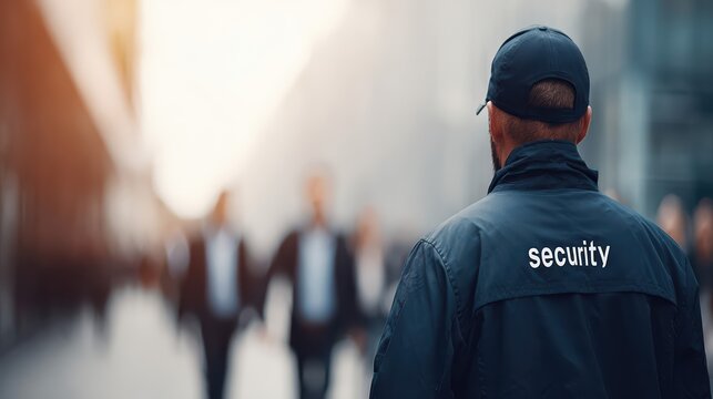 Close-up of a security officer in uniform speaking into a radio. The scene highlights professionalism and vigilance in a busy business environment.