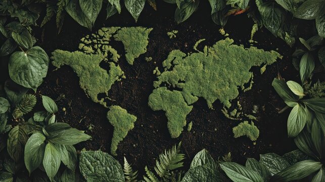 Ultra-detailed macro photo of a moss world map surrounded by lush leaves on rich soil. Natural light, dewdrops, and earthy tones evoke nature, sustainability, and global care.