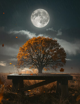 a lonely bench at night, in front of a large tree, in the light of the full moon