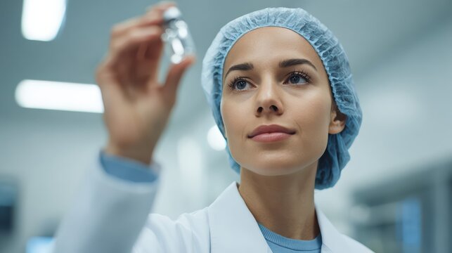 A laboratory technician examines a pharmaceutical vial for clarity under bright lab lights. Ultra-realistic healthcare quality control scene in a sterile environment.