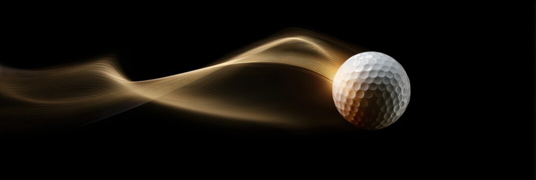 A golf ball is captured in motion with golden light waves trailing behind it. The dynamic black background highlights energy, speed, and modern golf action.