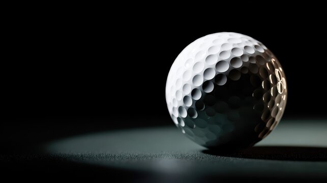 A close-up shot of a white golf ball highlights its dimpled texture under dramatic lighting. The golf ball casts a distinct shadow, emphasizing its detailed design.