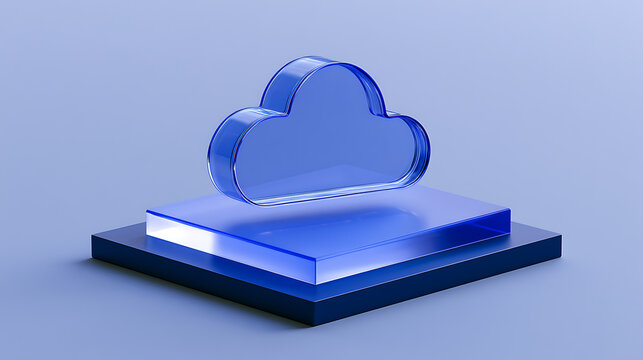 Minimalist Blue Glass Cloud Icon Representing Digital Storage, Data, and Network Technology on Abstract Platforms