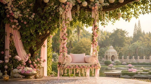 Radha Ashtami Floral Swing Celebration Garden Temple Lotus Flowers Indian Festival