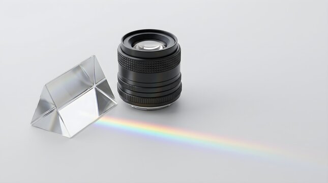 Optical glass prism with rainbow light. Camera lens on white background.