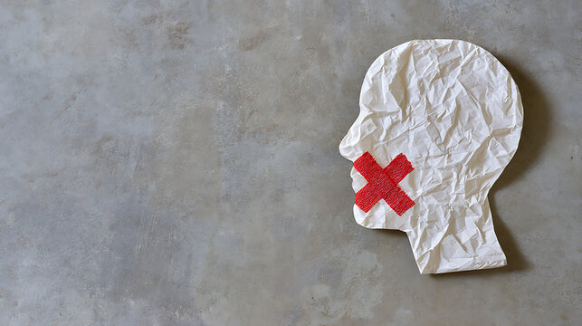 Head silhouette made from crumpled paper with a red 'X' covering the mouth, symbolizing silence, censorship, or inability to speak, against a textured gray background