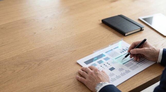 Overhead view of professional hand writing on document with holographic charts and graphs on wooden desk during focused business planning and data analysis session